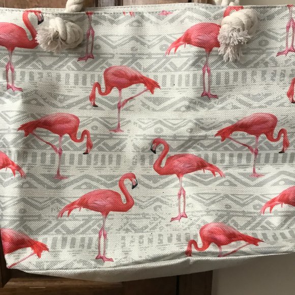 NWOT Pink Flamingos on Pearl and Gray Tote Bag w/Thick Rope Double Handles - Picture 2 of 10